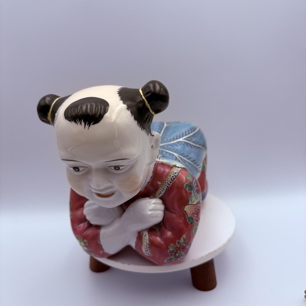 Famille Rose Vtg Heavy Porcelain Traditional Chinese Opium Pillow Baby